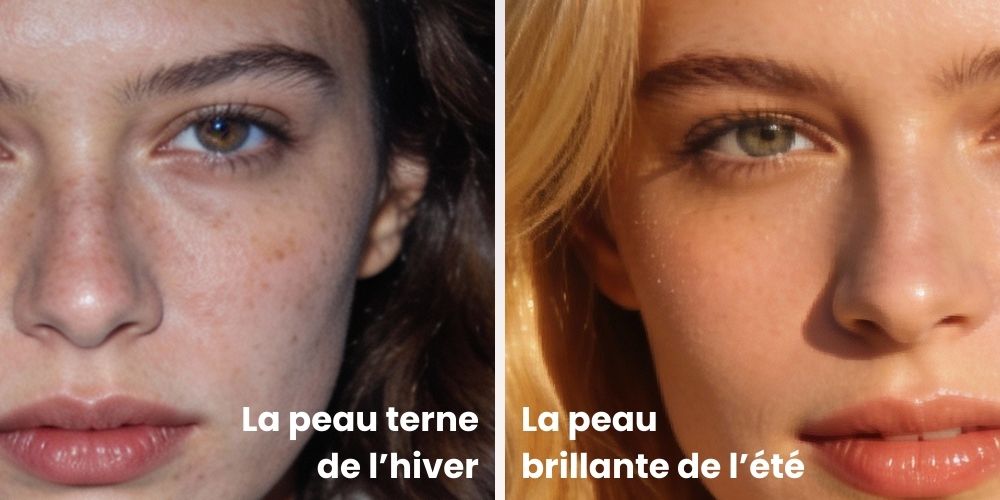 Hiver: peau terne et inconfortable, besoins d'hydratation intensifiée | Été: peau brillante et lumineuse, texture légère importante